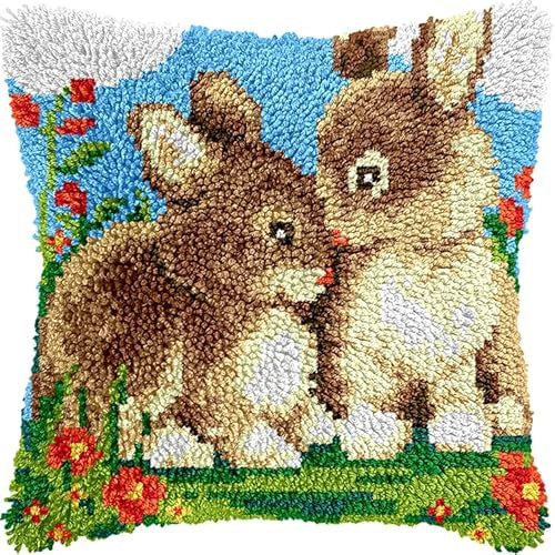 WallustrioaW Tier Kissen Knüpfen Kit,zwei Kaninchen,Knüpfkissen Set Für Anfänger Erwachsene Oder Kinder Zum Selber Knüpfen,DIY Knüpfteppich Knüpfpackung,43x43cm