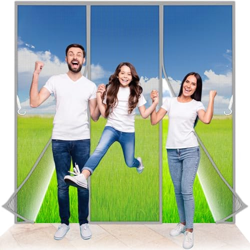 JXLQFA Moustiquaire Porte Fenetre Aimantée Magnetique, 250x225 cm Rideaux Anti Mouches pour Double Porte, Rideaux Toile Insect Ecran, Moustiquaire Baie Vitree Coulissante, Magnétique Moustique Gris