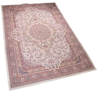 Alfombra Oriental Tradicional, diseño de medallón persa, suave, antideslizante, lavable, blanco beige y rojo (M (80 x 150))