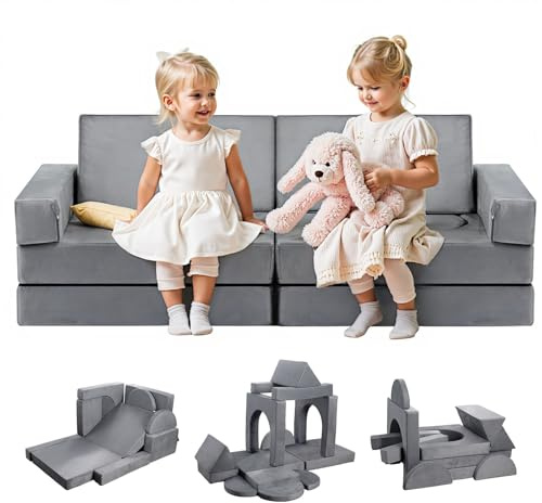 VEVOR Modular Kids Play Couch, Sectional Toddler Sofa with Armrests, 28D Sponge & Short Pile, Convertible Kids Modular Couch DIY Creative Combination for Playroom, Bedroom, Living Room, 14 Pcs, Gray
