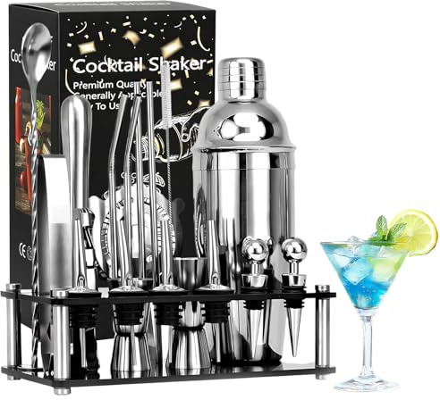 Set da 20 pezzi per cocktail in acciaio inox, shaker per bevande da 750 ml, shaker per cocktail con doppio misurino, espositore, set da barista per casa, bar, feste e regalo