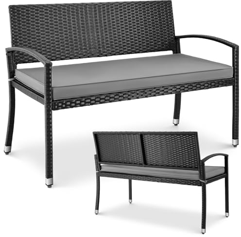 LIFERUN Banc de Jardin en Rotin avec Coussin, Banc Extérieur en Polyrotin | Résistant aux Intempéries, Banquette de Jardin 2 Places pour l'extérieur et Balcon, Jardins, Terrasses, Noir