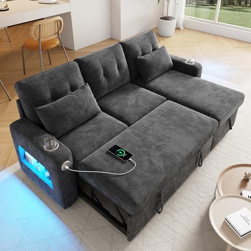 Merax Canapé d'angle avec fonction couchage et coffre de lit, canapé-lit pratique avec espace de rangement, éclairage LED, USB/type C et 2 porte-gobelets, canapé-lit extensible en forme de L, tissu
