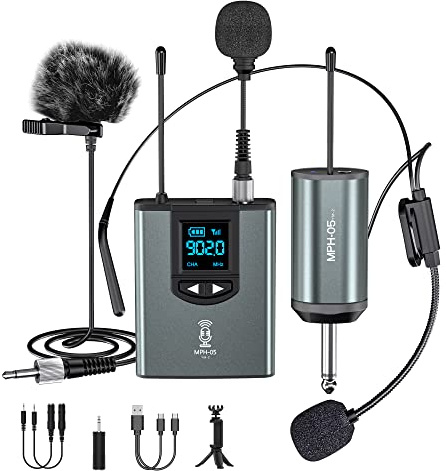 ttstar Wireless Microphone System Headset/Stand/Lavalier Mic with Rechargeable Bodypack Transmitter Receiver for PA Speaker, Camera, Recording, Teaching, Church (1T1R-Steel)