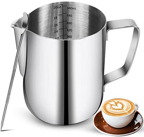 Bricco Latte 600ml in Acciaio Inox con Segno di Misurazione - Brocca in Schiuma per Latte Art, Montalatte Espresso e Cappuccino | Accessori per Amanti del Caffè