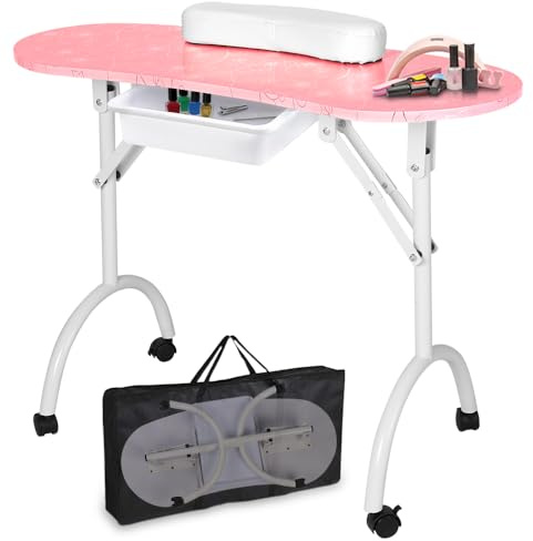 LEIBOU Table de manucure professionnelle portable et pliable de 91,4 cm de long avec roulettes, tiroir, éponge, sac de transport gratuit (motif rose)