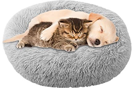 UUEMB 90cm Rund Hundebett Katzenbett, Plüsch Flauschig Hundekorb Katzenkissen Kuscheliges Donut, Waschbar Warm Hundekissen für Mittelgroße und Große Hunde, Katzen und Andere Haustiere (Hellgrau)
