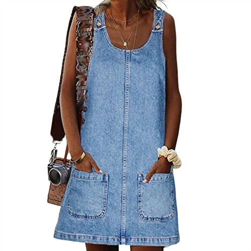 Sawmew Robe Femme Robe en Jean Femme sans Manches Mini Robe Chemise Ample Décontractée Robe Vintage Lavage Été Robe en Jean avec Poche pour Femme