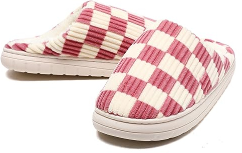 Waysoland House Slippers for Women and Men - Fuzzy Memory Foam Checkered Slip-on With Anti-Skid Sole - Indoor Outdoor Bedroom Cloud Slippers With Fur Lining (Pink, 6/7 UK)
