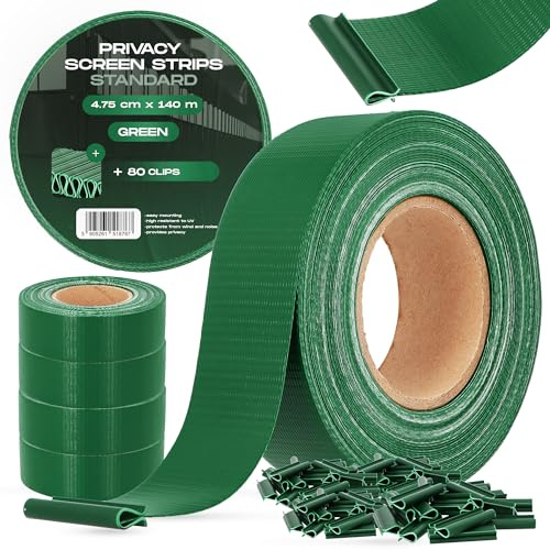 Brise-Vue Occultant 4,75 cm x 140 m Bande Film Clôture Jardin Balcon Double Fil Barreaux 80 Clips Fixation Protection Solaire Contre Vent Intempéries Rouleau