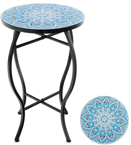 GOPLUS Mosaik Beistelltisch, Ø30/35cm runder Gartentisch mit Metallgestell, Blumenhocker Blumenregal mit Mosaikplatte, Retro Mosaiktisch für Balkon & Terrasse (Blau, Ø35cm)
