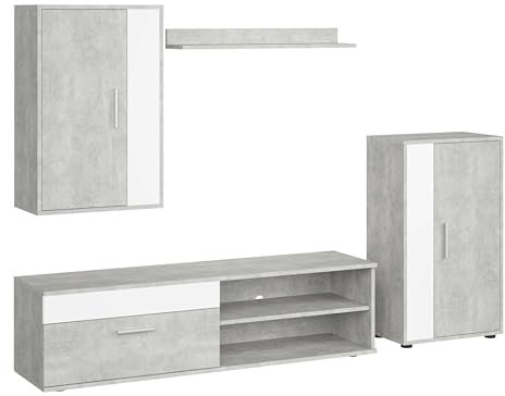 Miroytengo Modulos de Salón Comedor Kolm para TV Estilo Industrial en Color Cemento y Blanco con 3 Puertas y 2 Estantes