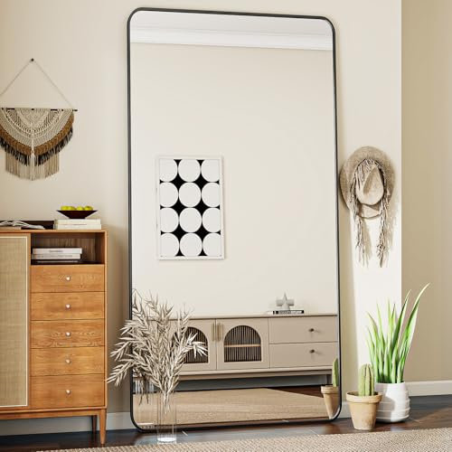 Koonmi Specchio da pavimento con angoli arrotondati, 76 x 171 cm, con supporto, grande per pavimento, specchio da pavimento, per camera da letto, soggiorno, colore nero