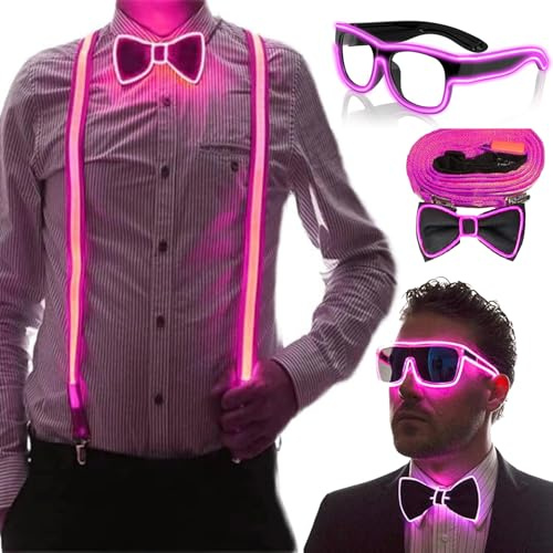 YeahBoom LED-upplysta hängslen och fluga för män, LED-upplysta remmar, för musikfestival, halloween maskeradfest, mörk ljus neonfesttillbehör, Rosa glas, 81cm