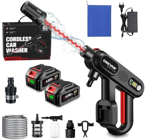 ONEVAN Nettoyeur Haute Pression sans Fil, 80bar Mini Nettoyeur Haute Pression sur Batterie 2x4,0Ah, écran LCD, buse 5 en 1, Pistolet Haute Pression avec Tuyau de 5 m, Bouteille de Mousse, Filtre