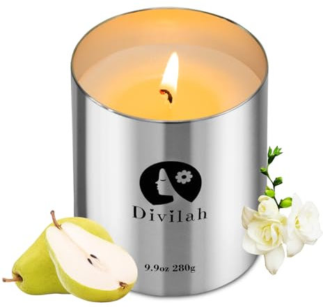 Divilah Scented Candles, English Pear & Freesia Long-Lasting 65-Hour Burn, Natural Soy Wax Candle, Gifts for Women, Men, Valentine's Day & Stocking Fillers, Recyclable Aluminum Jar, 9.9oz