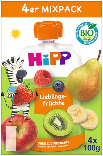 HiPP Bio Quetschie Mixpack Lieblingsfrüchte, 16 Stück (4er Pack mit je 4 x 100g), vier beliebtesten Sorten, ab 1 Jahr, ohne Zuckerzusatz, in bester Bio-Qualität