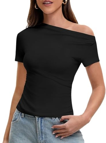 OOHOKAY T Shirts for Women UK Women's Off Shoulder Tops, Slim Fit Basic Short Sleeve Y2K Summer Solid Color Going Out Tee