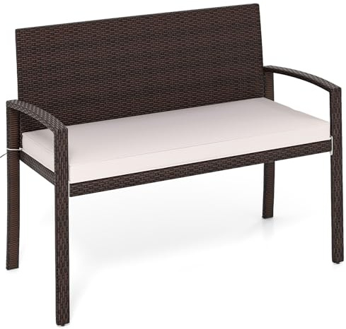 COSTWAY Panchina da Esterno in Rattan PE 110 x 56 x 84 cm, Panchina da Giardino con Morbido Cuscino, Schienale e Braccioli, Poltrona per Veranda, Balcone e Ingresso (Bianco)