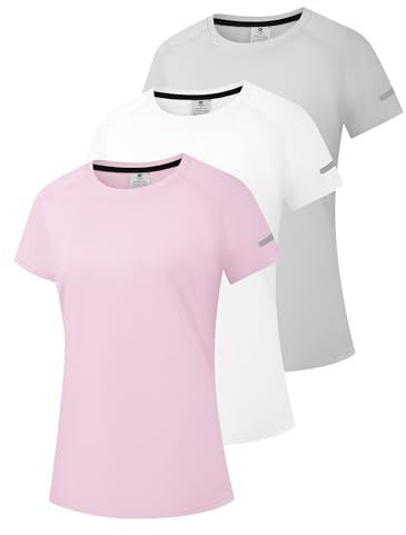 Damen Rash Guard UPF 50+ Sonnenschutz Kurz T-Shirts Leichte, schnell trocknende SPF UV Schwimm Shirts Grau/Weiß/Rosa 3P02-M