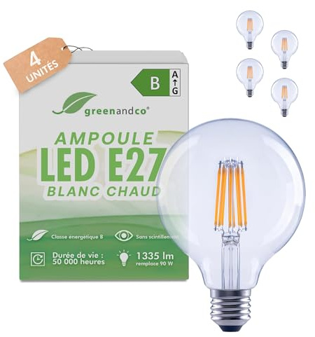 greenandco 4x LED-filamentlampa | transparent | CRI 90+ | E27 G95 | 7,2W 1335lm | ersätter 90W | 3 000K varmvit | 320° | 230 V | flimmerfri | energiklass B | ej dimbar