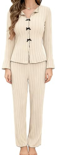 LXEASYGO Women's Long-Sleeve Pajama Set Soft Two Piece Pjs V Neck Button up Top and Comfy Pants Sleepwear Loungewear for Women