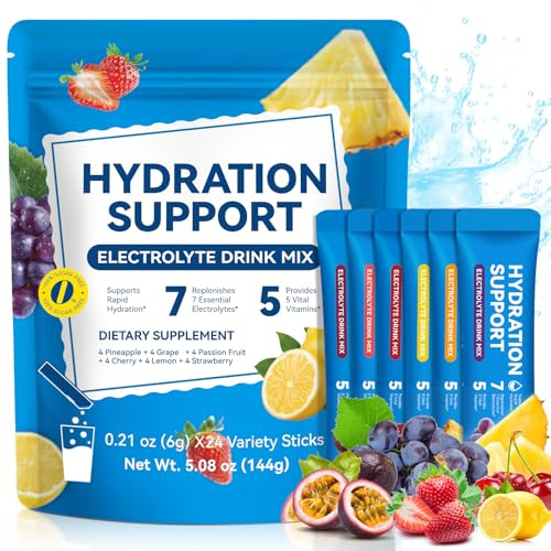 Electrolyte Powder Sachets 24PCS, Rapid Rehydration Electrolytes Powder, Support Immune Function,Gut Eye Health, Muscle Comfort, Sugar Free, Keto Friendly, Vegan, 6 Flavors