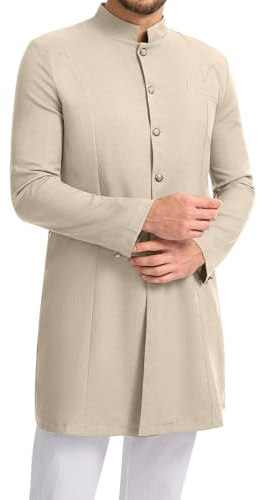YAOHUOLE Kurta Coat Mens Stand Collar Button Down Long Sleeve Sherwani Style Jacket