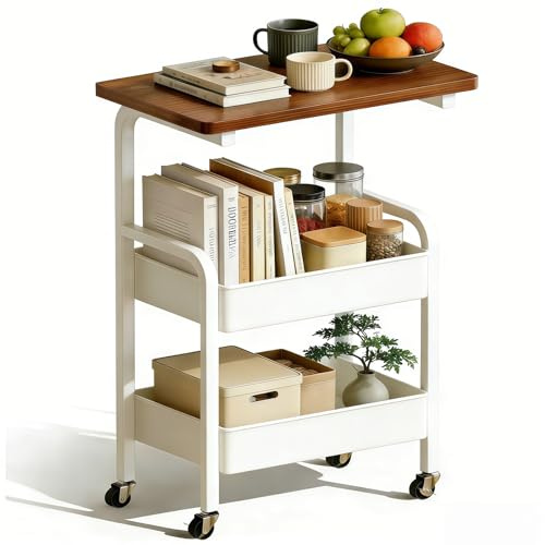 FANGCCC Rollwagen mit 3 Ebenen, Bücherwagen, Servierwagen, Rollwagen Metall mit Stecktafeln Tischplatte,Bastelwagen, Küchenwagen mit Rollen, küchenrollwagen für Küche Wohnzimmer Haus Büro (Weiß)