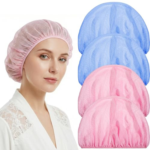 Tyqour 4 PCS Mesh Hair Nets for Sleeping, Sleep Bonnets for Women Sleeping Caps Hair Bonnets for Women Sleeping, Sleep Caps for Women, Colorful Elastic Hair Drying Bonnet (Pink & Blue)