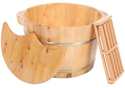HINTRMENT Bañera de Madera Maciza para Baño de Pies Tapa y Masajeador, Cubo Grueso para Remojo y Cuidado en Invierno, Lavabo Práctico para Pediluvio y Spa en Casa, Adecuado para Calentar