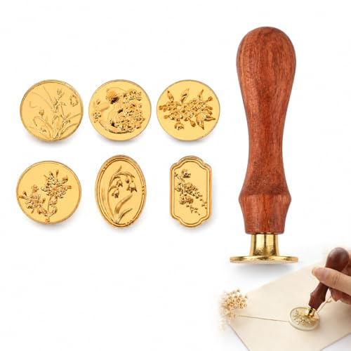 Solvind 6Pcs Floral Wax Seal Stamp Set, Detachable Wooden Handle Wax Letter Seal Kit with 6 Flower Heads for Envelopes Invitations Cards Gifts DIY Crafts