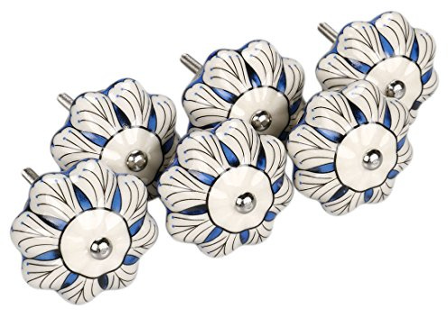 sourcing map 6pcs Bouton de Tiroir Placard Porte Armoire Poignée de Traction Bouton de Meuble Vintage Bleu et Blanc Floral Peint Céramique Potiron Crinum asiaticum