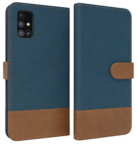 EAZY CASE Tasche kompatibel mit Samsung Galaxy M31s Stoff Schutzhülle mit Standfunktion Klapphülle im Bookstyle, Handytasche Handyhülle mit Magnetverschluss und Kartenfach, Kunstleder, Dunkel Blau