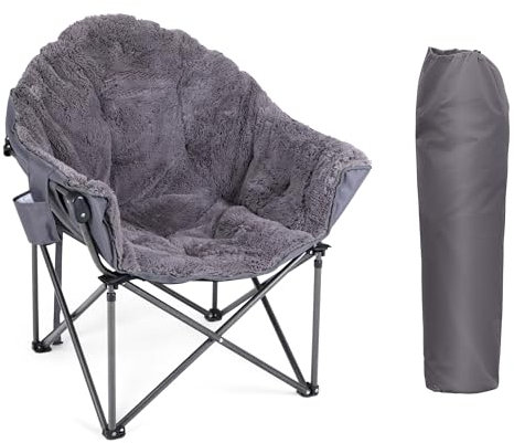 LET'S CAMP Portable Plush Camping Chair, Oversize Moon Round Outdoor Folding Chair with Cup Holder and Carry Bag, Grey