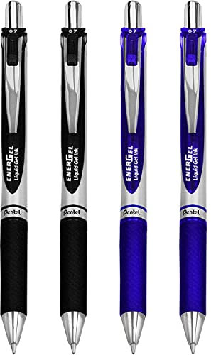 Pentel EnerGel XM BL77 – einziehbarer Flüssiggelschreiber – 0,7 mm – 54 % recycelt – Schwarz, Blau – 4 Stück
