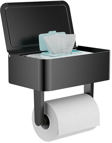 WZKALY Toilet Paper Holder with Shelf - Flushable Wipes Dispenser & Storage Fits Any Bathroom, Keep Your Wet Wipes Hidden - Stainless Steel Wall Mount Bathroom Organizer -（Matte Black, Regular roll）
