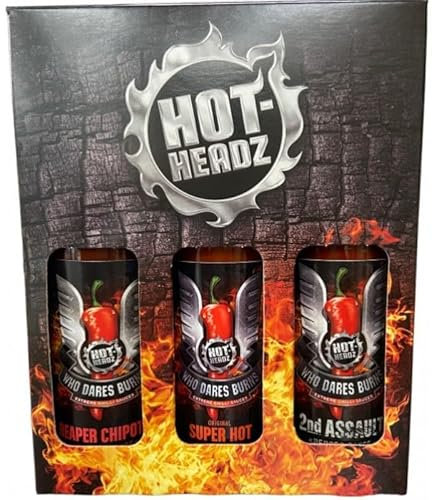 Hot Headz - Who Dares Burns! Ultimate Firepower Hot Sauce Gift Set Including 3x 148ml Hot Chilli Spicy Sauces. Selection Box For Any Dishes. All Natural Flavours, Ideal As A Marinade And For Dipping.