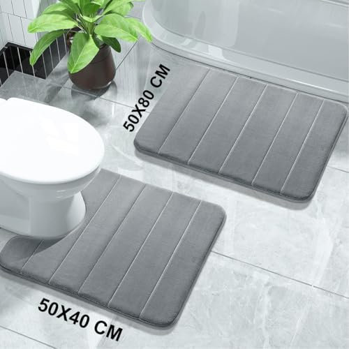 Super Soft Memory Foam Velvet Mat - Modern Design Anti Slip Bath Mat 2 Pieces Sets 50 x 80 cm, 50 x 40 cm Washable Bathroom Door Mat - Grey
