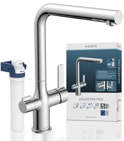 SCHÜTTE AQUASTAR PRO 3-Wege-Filterarmatur, sauberes Trinkwasser direkt aus dem Hahn, Integriertes BWT-Filtersystem gegen Kalk & Schwermetalle, Chrom