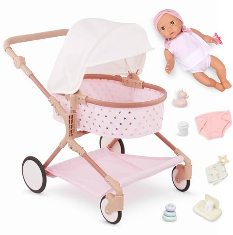 LullaBaby – 14-Inch Doll & Twin Stroller Accessories Set – Foldable Canopy & Storage Basket – Pink & Golden Stars Design – Pretend Play 2+ Years– Doll Double Stroller Set