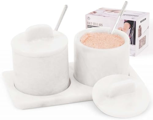 Speedstone marmor saltkällare med lock och bricka set med 2 | Handgjorda vita 10 cm saltbehållare i sten för bänkskiva, 5 oz kryddburk, sockerskål eller salthållare skål