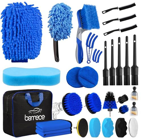 Bemece 30-Pcs Car Cleaning Kit, Car Washing Brushes for Rims, Exteriors, Interiors, Vents & Dashboards (Blue)