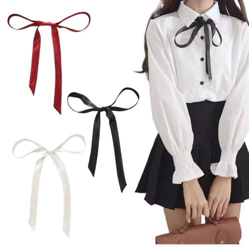 Papillon lungo da donna in seta, 3 pezzi Papillon lungo da donna, Cravatta a Fiocco Western in Raso, già annodato e regolabile, per t-shirt, decorazione, regalo di San Valentino, Nero,Bianco Chiaretto