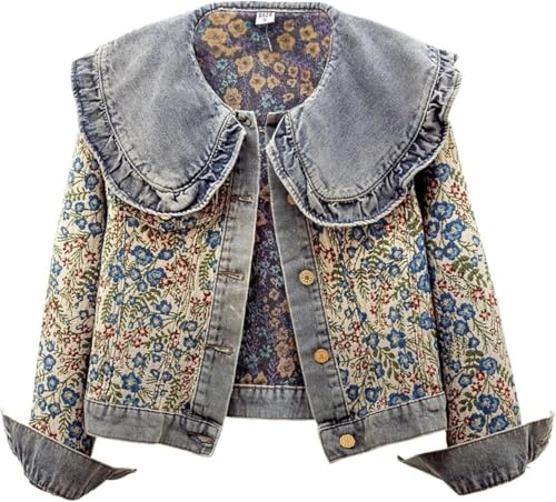 Suncadmious Giacca in denim oversize con colletto a balze da Donna ricamata manica lunga in jacquard casual con bottoni sul davanti (blu,M)