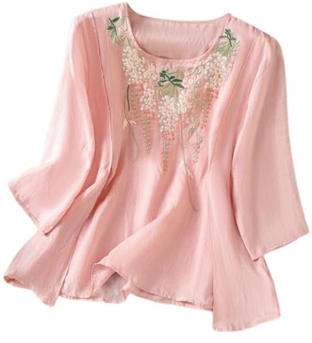 Chemisier d'été bohème en dentelle pour femme - Tunique bohème rétro brodée florale 2025 - Hauts indiens à volants pour femmes âgées - Col rond - Coupe ample - Style bohème - Mignon, rose, XL