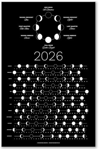 Calendario 2026 con fasi lunari scure (spedizione piatta), poster da appendere da parete, ideale come regalo unico, monitoraggio della luna, decorazione e arte, astrologia, calendario celeste per casa