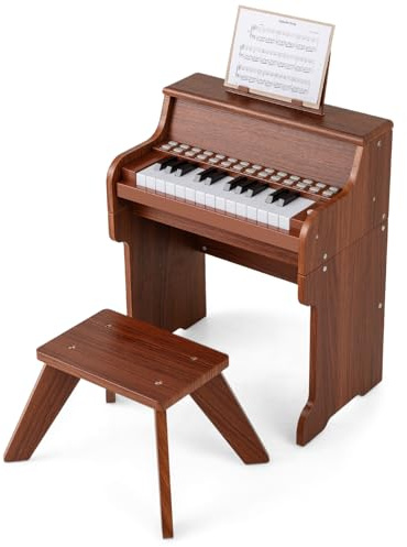 COSTWAY Piano Infantil de 25 Teclas con Taburete y Atril, Órgano Electrónico Niños con Velocidad y Volumen Ajustables, Modo de Enseñanza, Marco Madera, Instrumento Musical para Niños 3+ Años (Marrón)