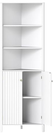 GIANTEX Armadio ad angolo alto, mobile da bagno con 3 ripiani aperti e 2 ante, ripiano inferiore regolabile, kit antiribaltamento, 58 x 32 x 172,5 cm, organizer per soggiorno, camera da letto (bianco)