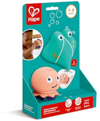 Hape Badleksak, havsinvånare, badfigurer havsinvånare – bläckfisk och rocka med massagefunktion – vattenleksak och babyborste – BPA-fri och lätt att rengöra – för barn från 12 månader
